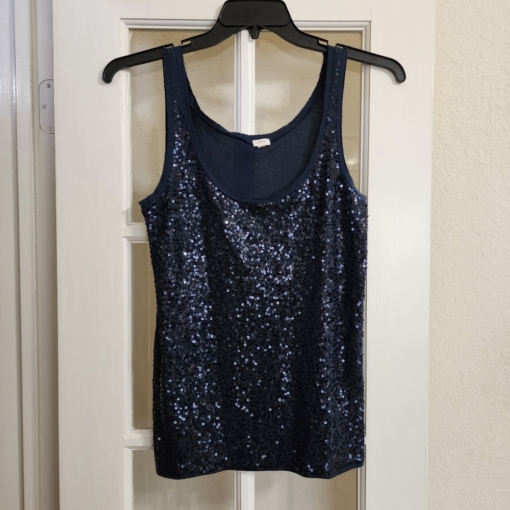 J.Crew Navy Sequin Tank Top Small Crew Neck Raw Edge Sleeveless